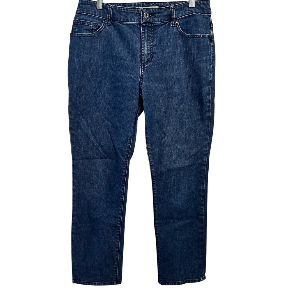 Chico's Platinum Denim Jeans Womens 8 Short Blue Straight Leg Mid Rise Stretch